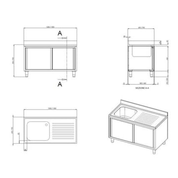 Edelstahl Spülschrank mit Becken rechts Standard - 0