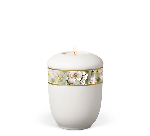 Heiso Gedenkurne Dekorband Blumen Keramik