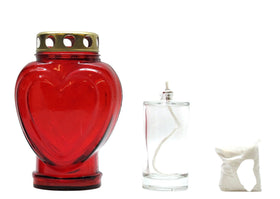 Grablicht Herz, Glas, rot, 11,5 cm x 8,5 cm, 17,5 cm H, mit Golddeckel - 0