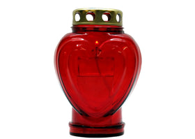 Grablicht Herz, Glas, rot, 11,5 cm x 8,5 cm, 17,5 cm H, mit Golddeckel