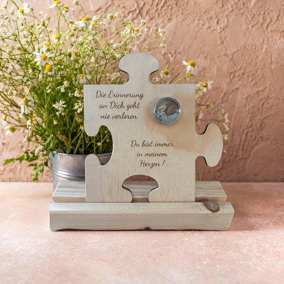 Erinnerungsstück kleines Puzzle mit Spruch und Medaillon