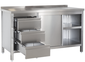 Edelstahl Arbeitsschrank professional mit Schiebetüren und 3 Schubladen - 0